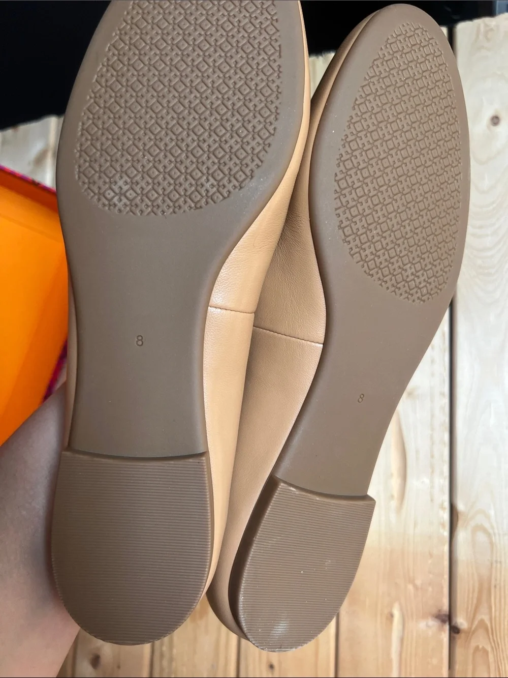 Tory Burch Neutral Tan Leather Logo Round-Toe Flats